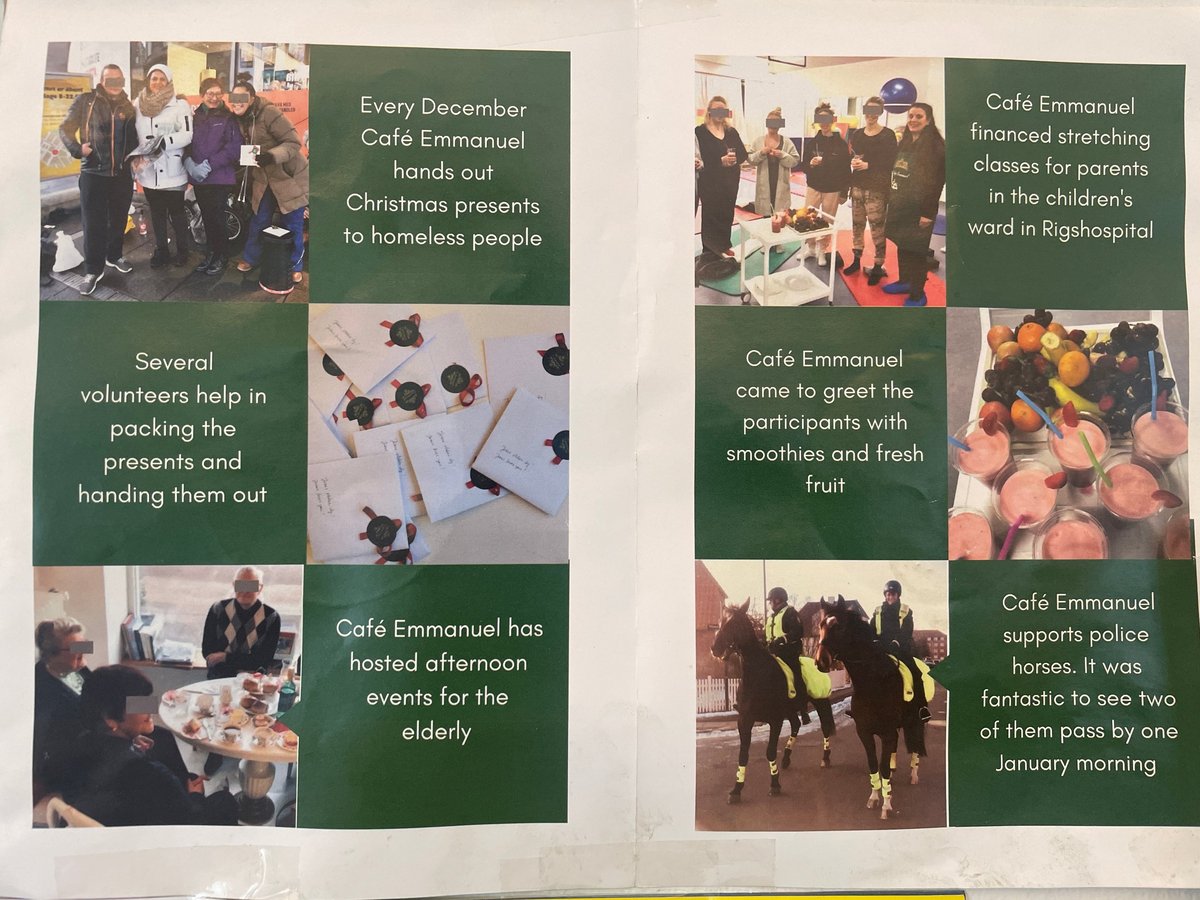 Collage of photos showing Cafe Emmanuel community events with volunteers packing presents and greeting elderly guests